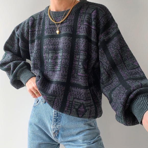 Vintage Sweaters - ‼️SOLD‼️Vintage patterned oversized slouchy 80s 90s knit crew neck sweater